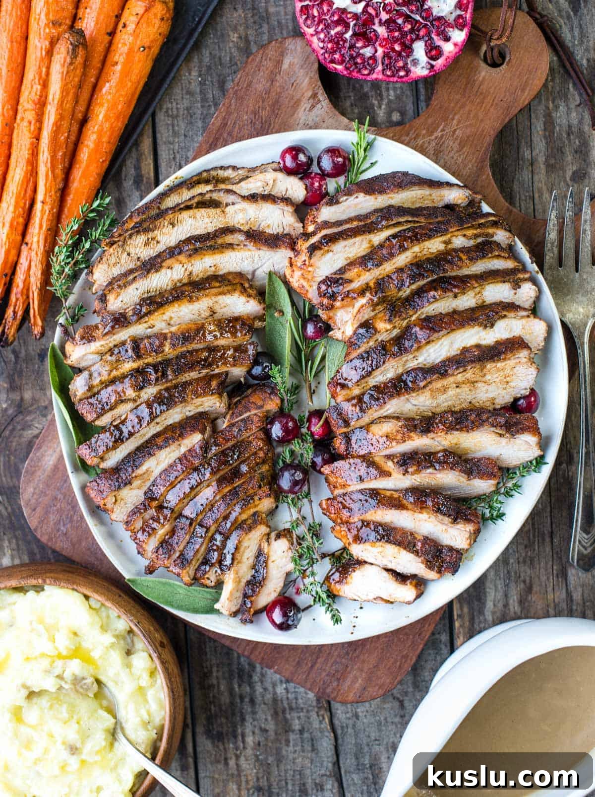 Cajun Grilled Turkey Breast Recipe for Juicy, Flavorful Results 2 Sliced and grilled cajun spiced turkey breast with gravy and sides.