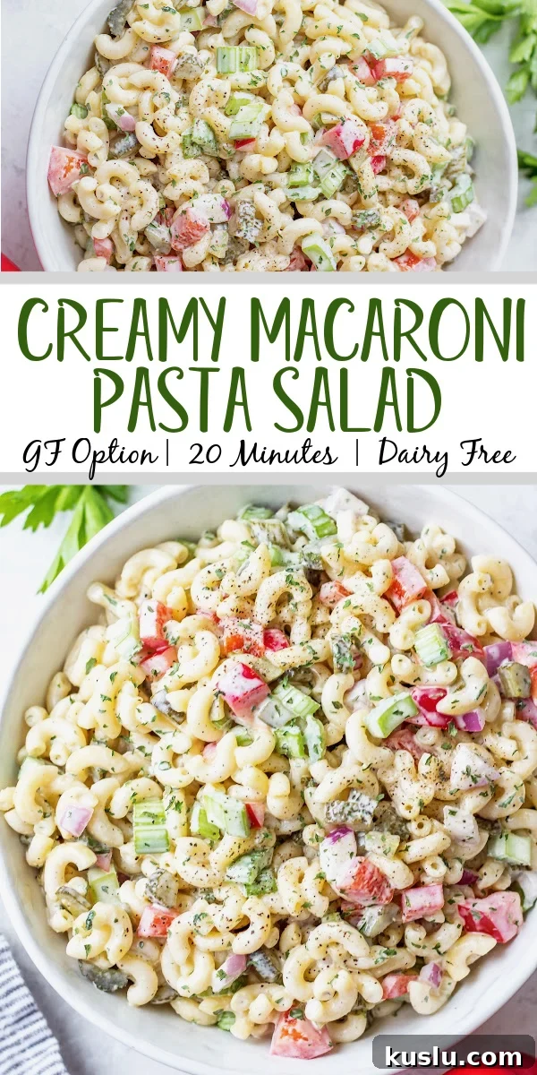 Creamy macaroni salad with pickles, red pepper, celery and red onion