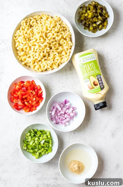 Ingredients laid out for macaroni salad