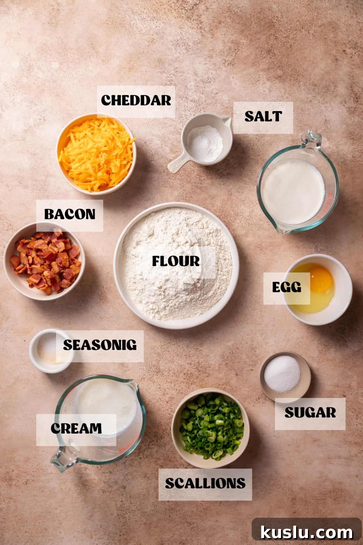Bacon, Cheddar & Scallion Scones: Savory Breakfast Biscuits 3 Ingredients needed to make bacon cheddar scones in bowls with labels.
