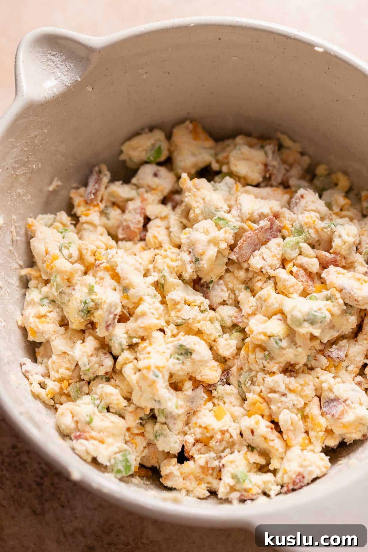 Bacon, Cheddar & Scallion Scones: Savory Breakfast Biscuits 6 The scone dough in a mixing bowl resting.