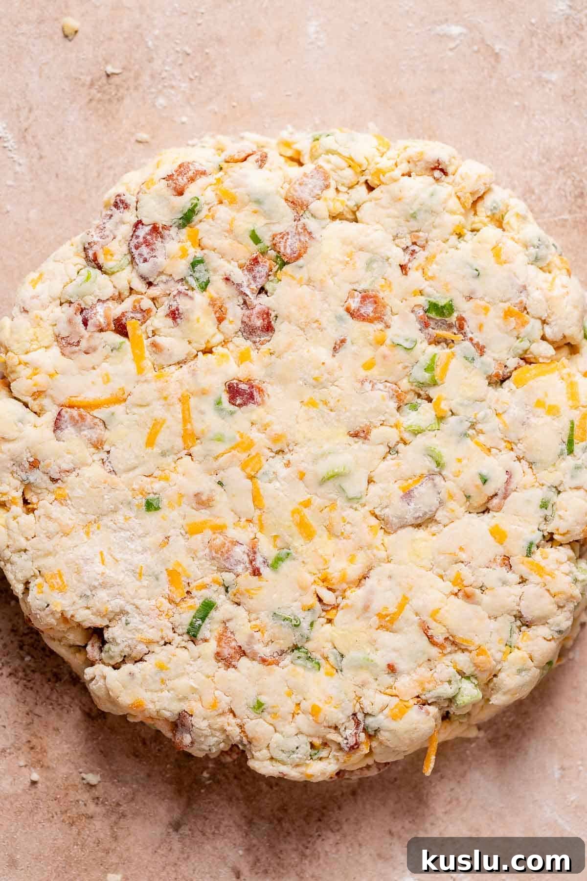Bacon, Cheddar & Scallion Scones: Savory Breakfast Biscuits 7 The scone dough formed into a round.