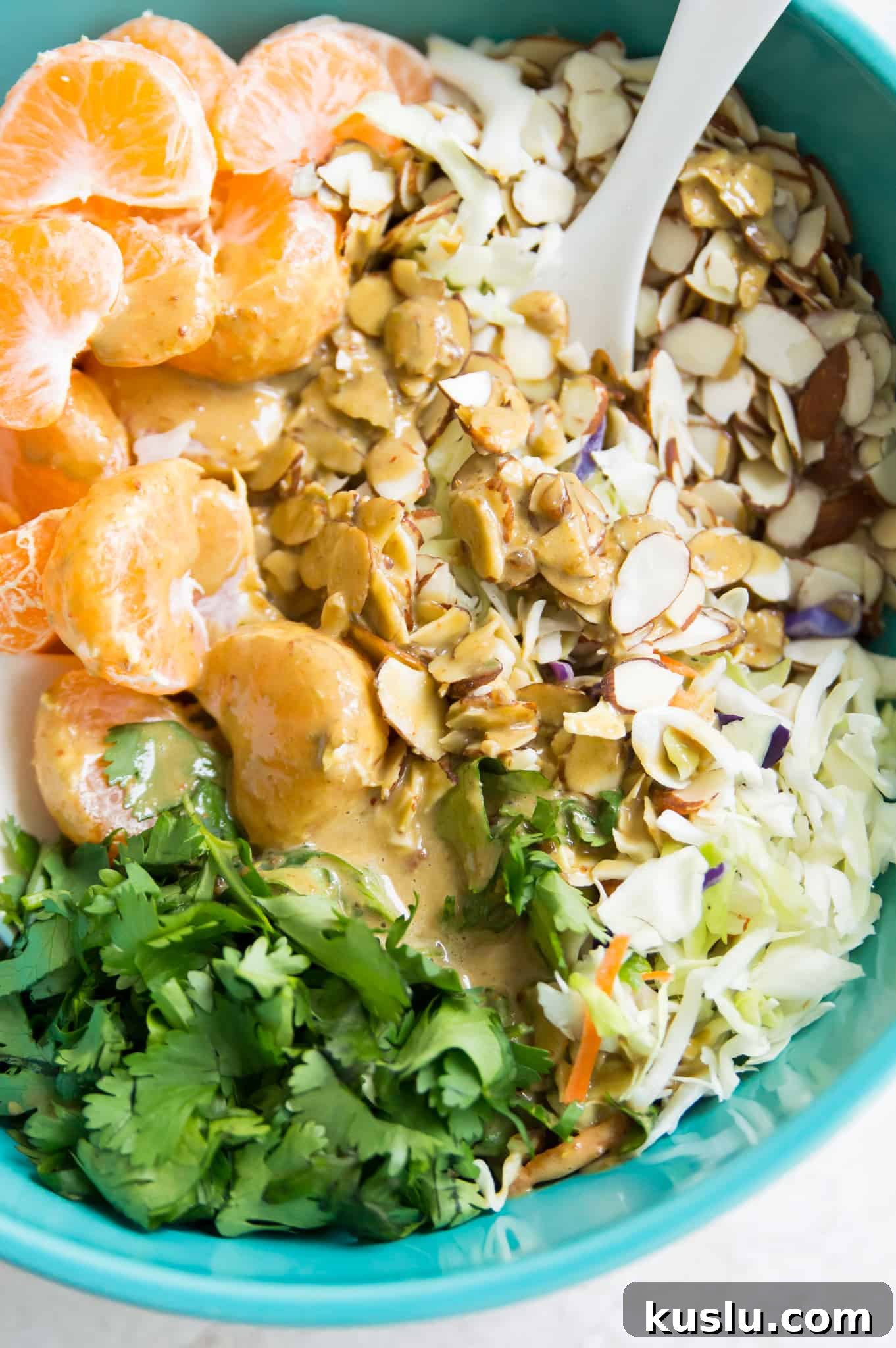 A bowl of coleslaw with mandarin oranges, almonds, cilantro and dressing on it.