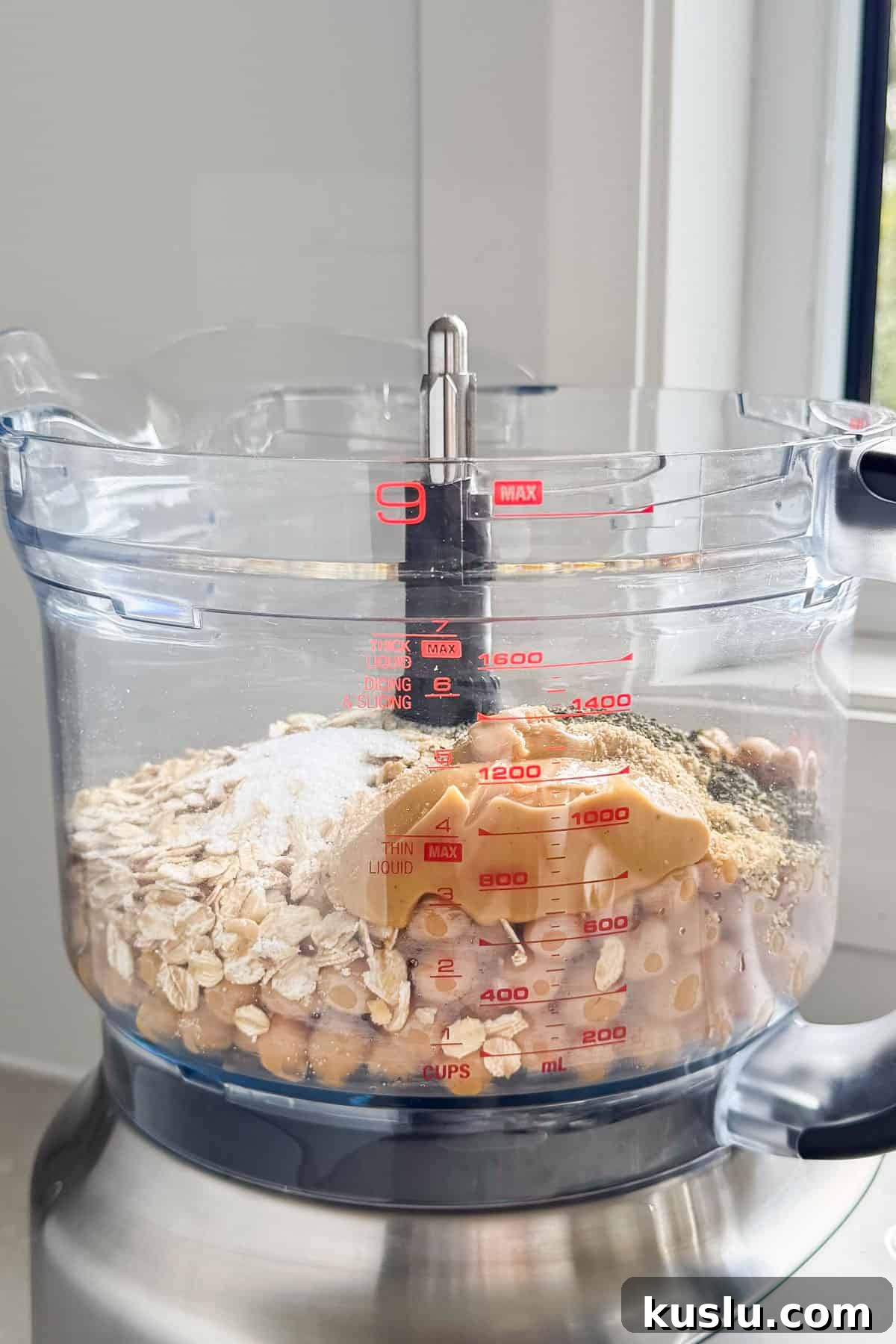 Ingredients in a food processor before blended.