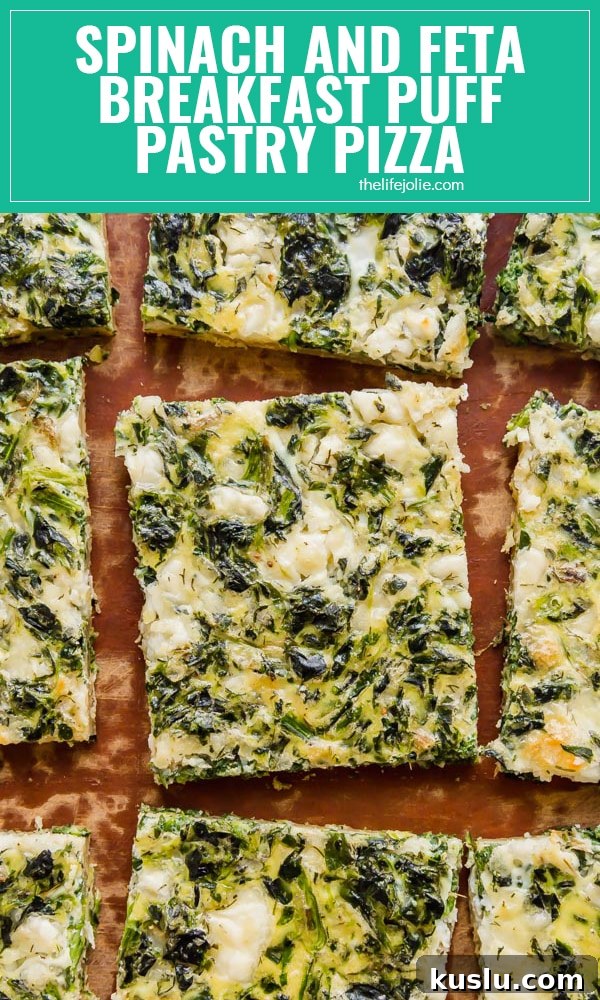 Spinach & Feta Breakfast Puff Pastry Pizza Recipe 9 Spinach and Feta Breakfast Puff Pastry Pizza is light and savory with a flaky puff pastry crust. This is the perfect, easy, throw-together brunch option!