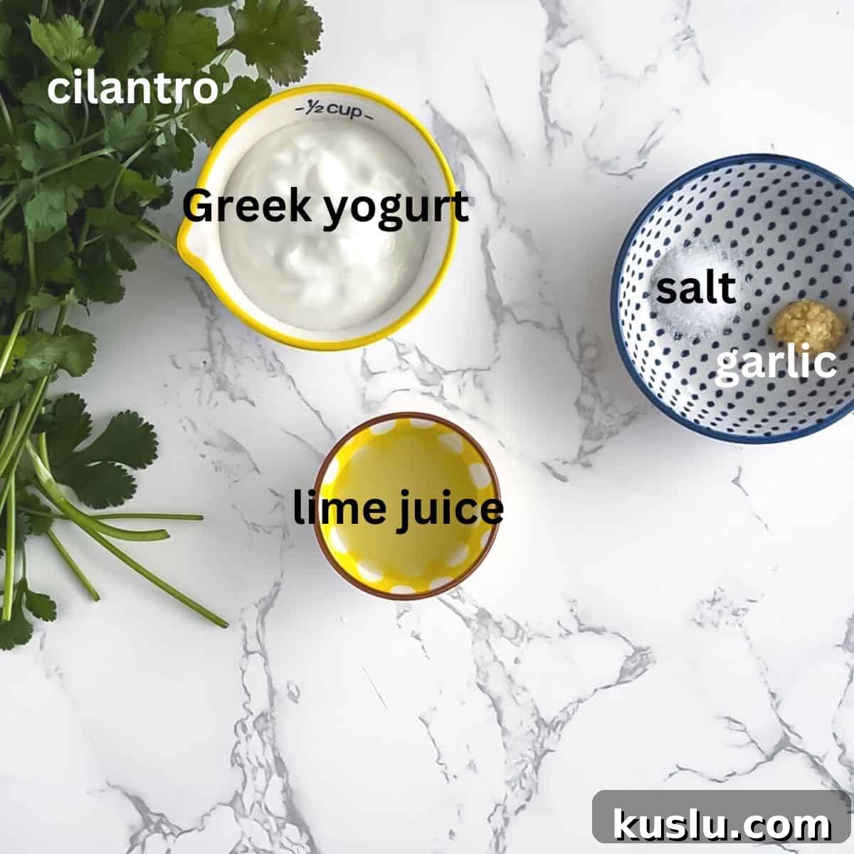 Cilantro Lime Crema: Creamy Sauce Recipe for Tacos & Bowls 3 Cilantro, greek yogurt, lime juice, salt and garlic.
