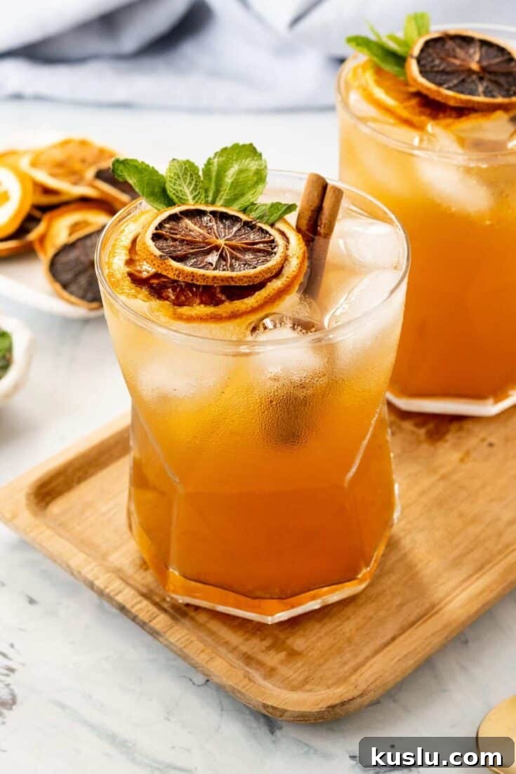 A spiced orange gin spritz cocktail garnished with an orange slice.