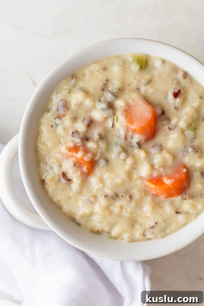bowl of creamy chicken and rice with a silver spoon and a white napkin