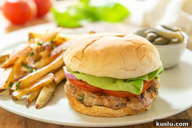Turkey Feta Burger on Plate with Garlic Fries