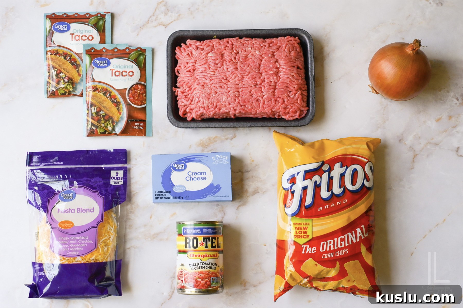 Walking Taco Casserole: Cheesy Taco Bake with Crunchy Nacho Topping 5 ingredients for walking taco casserole.