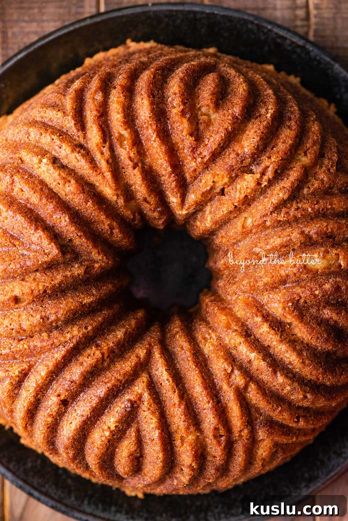 Homemade apple bundt cake on black ceramic plate and dark wood background | © Beyond the Butter®
