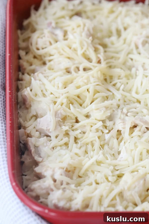 Creamy Baked Chicken Spaghetti Casserole Recipe 4 Unbaked casserole with cheese, chicken and pasta in a red baking dish.