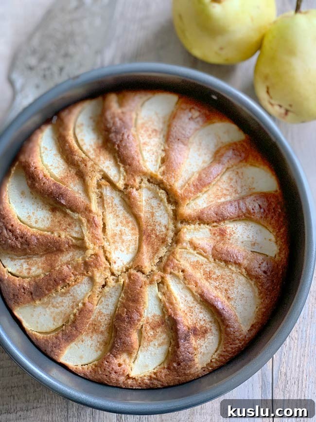Olive Oil Pear Cake with Ginger and Cinnamon Crumble 5 Pear cake in pan with two whole sliced pears.