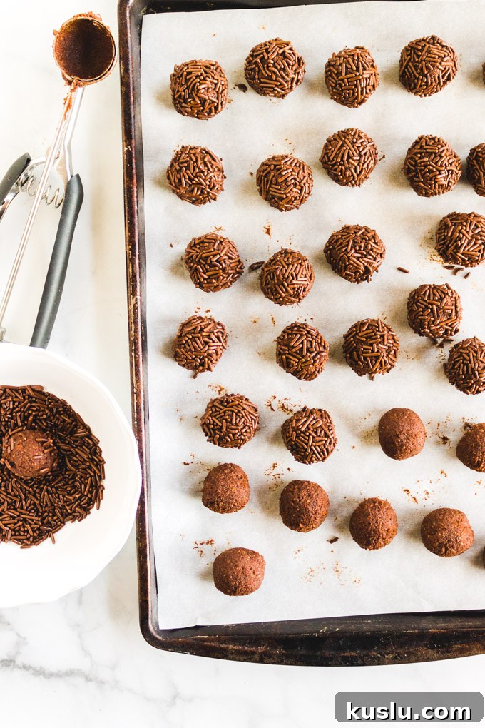 Date Sweetened Rum Balls - Soft, chocolate-y, boozy balls coated in chocolate sprinkles.