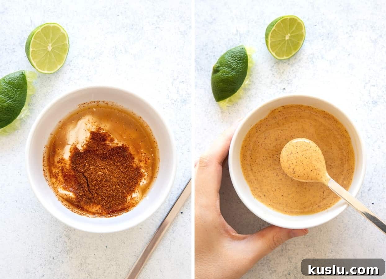 taco bowl picture collage demonstrating how chipotle lime mayo is being mixed in a small bowl