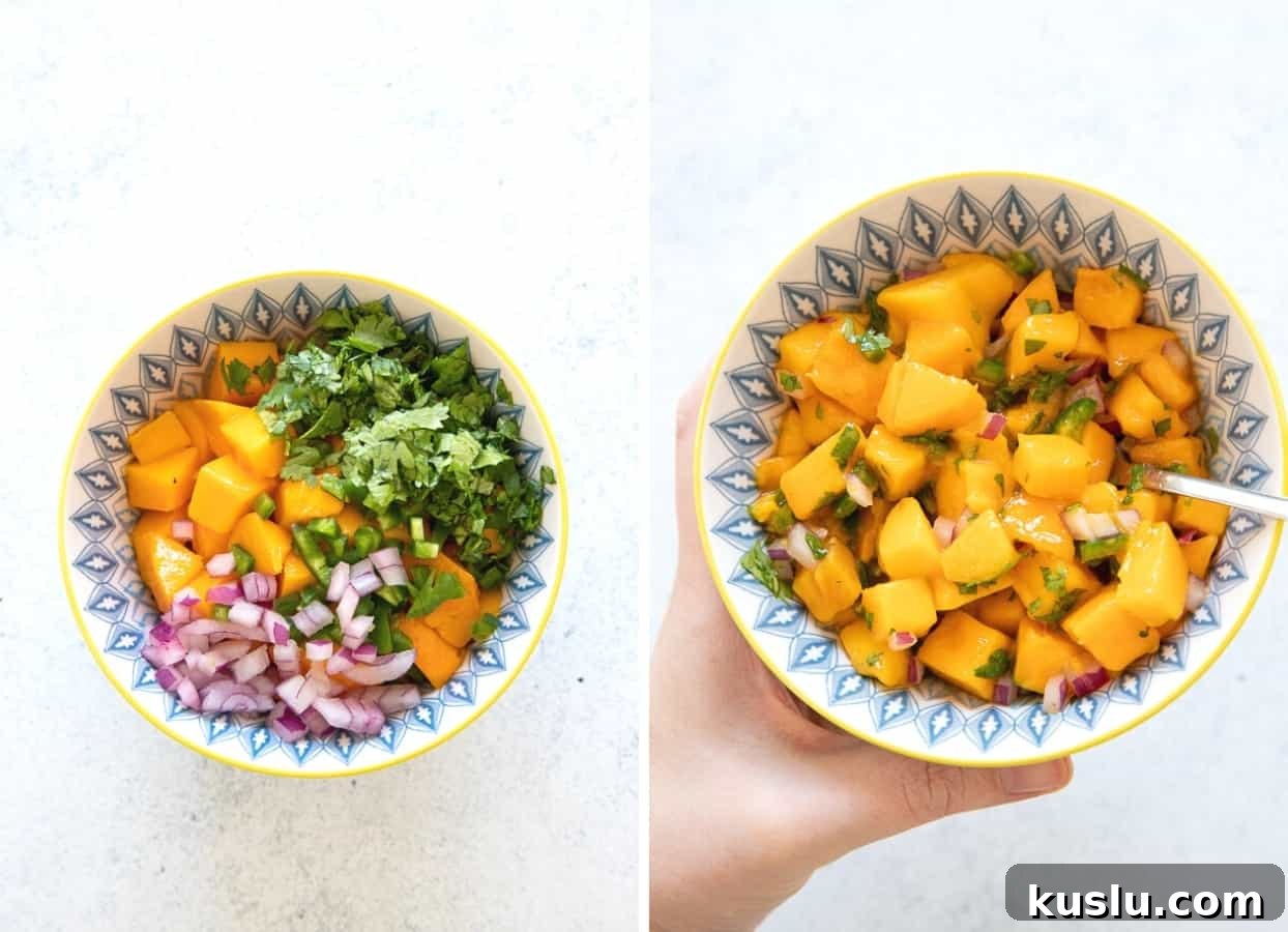 Chipotle Lime Fish Taco Bowl with Creamy Mayo Sauce (Whole30) 2 picture collage of mango salsa being mixed in a bowl