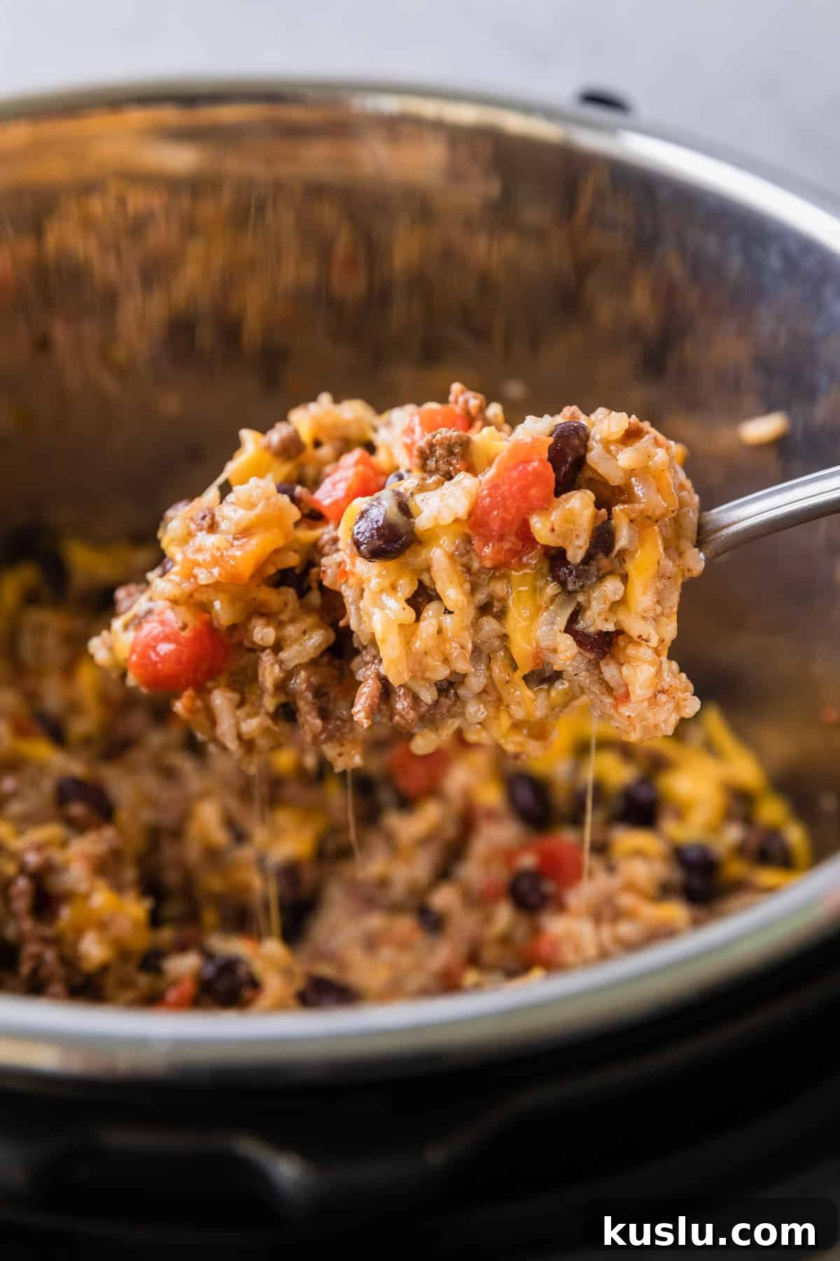 the completed instant pot ground beef and rice being served