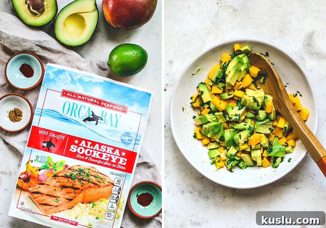 Pan-Seared Salmon with Fresh Avocado Mango Salsa 3 Collage of dish ingredients.