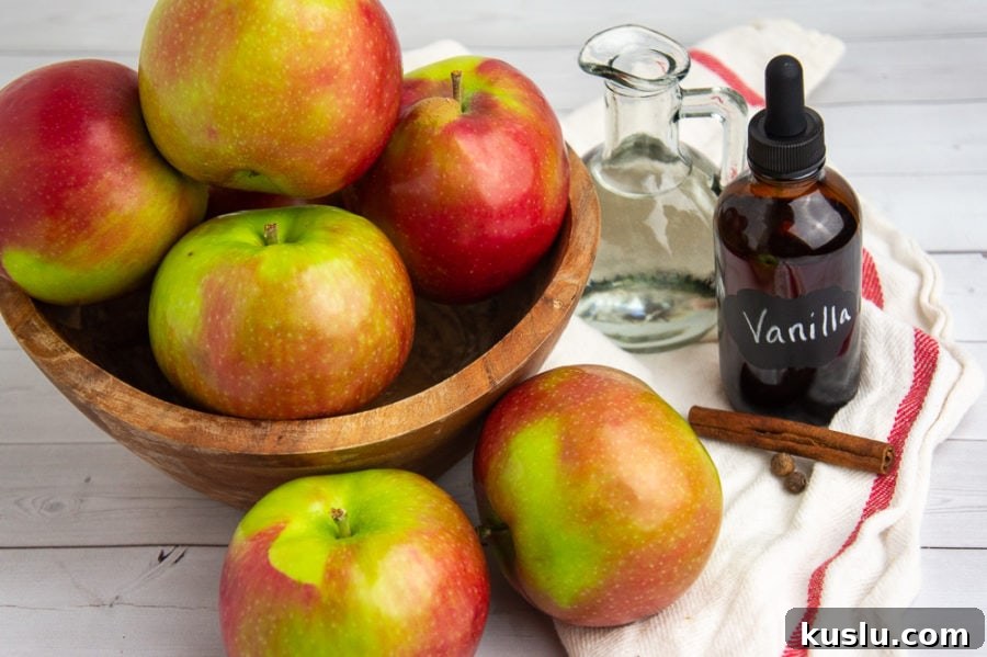 Slow Cooker Apple Butter Recipe for Canning and Preserving 3 a wooden bowl of apples on a white and red towel with vanilla, water, and cinnamon