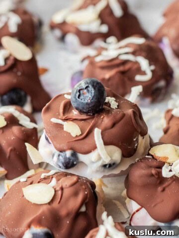 Hardened chocolate on blueberry yogurt clusters.