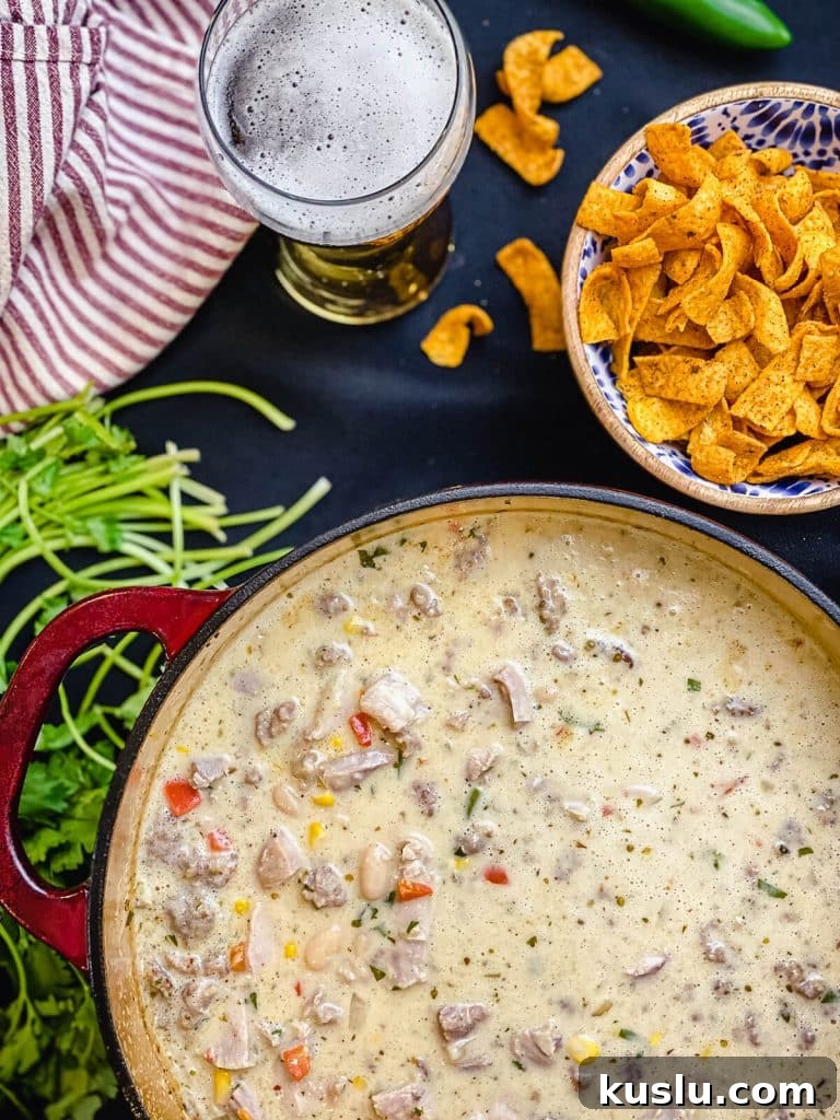 smoked chicken chili in a dutch oven