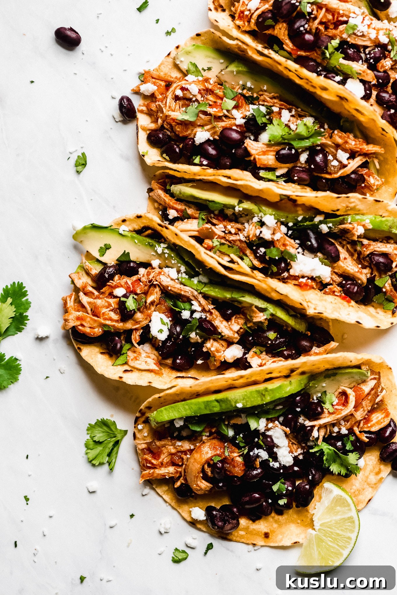 Slow Cooker Salsa Chicken Tacos Slow Cooker Salsa Chicken Tacos loaded with black beans, cilantro, avocado, and cheese.