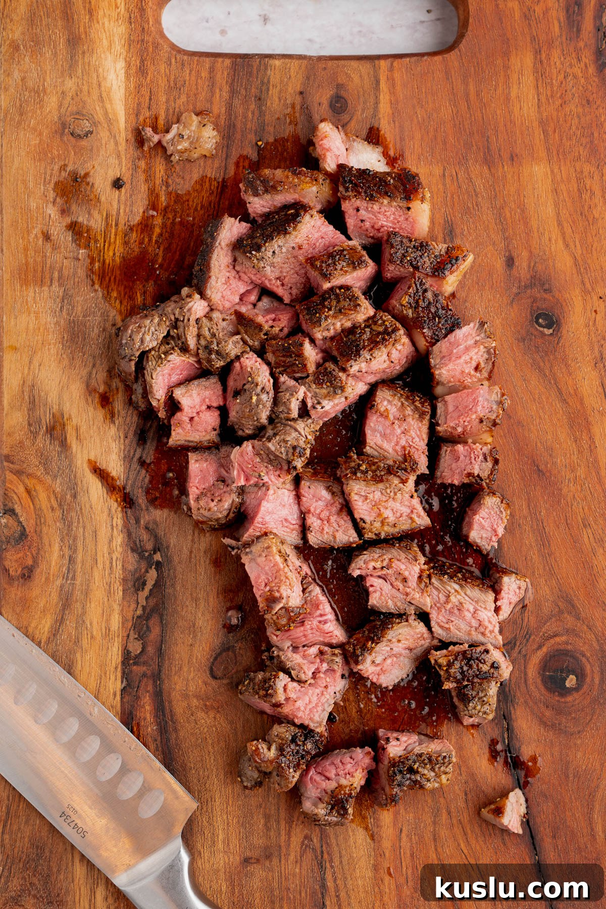 Grilled Steak Salad with Avocado-Lime Cilantro Crema 6 The steak cut into cubes after cooking and resting.