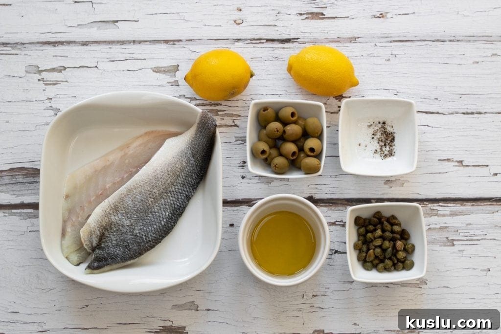 Ingredients for sea bass with olives and capers
