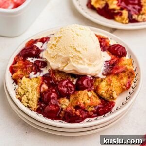 Golden crusted cherry dump cake on white plates topped with vanilla ice cream.