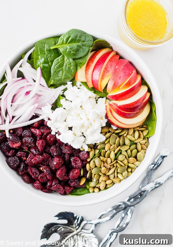 Spinach Salad with Apples and Cranberries: Sweet & Tangy Recipe 3 Large Bowl of Spinach Salad topped with apples, cranberries, pumpkin seeds and goat cheese.