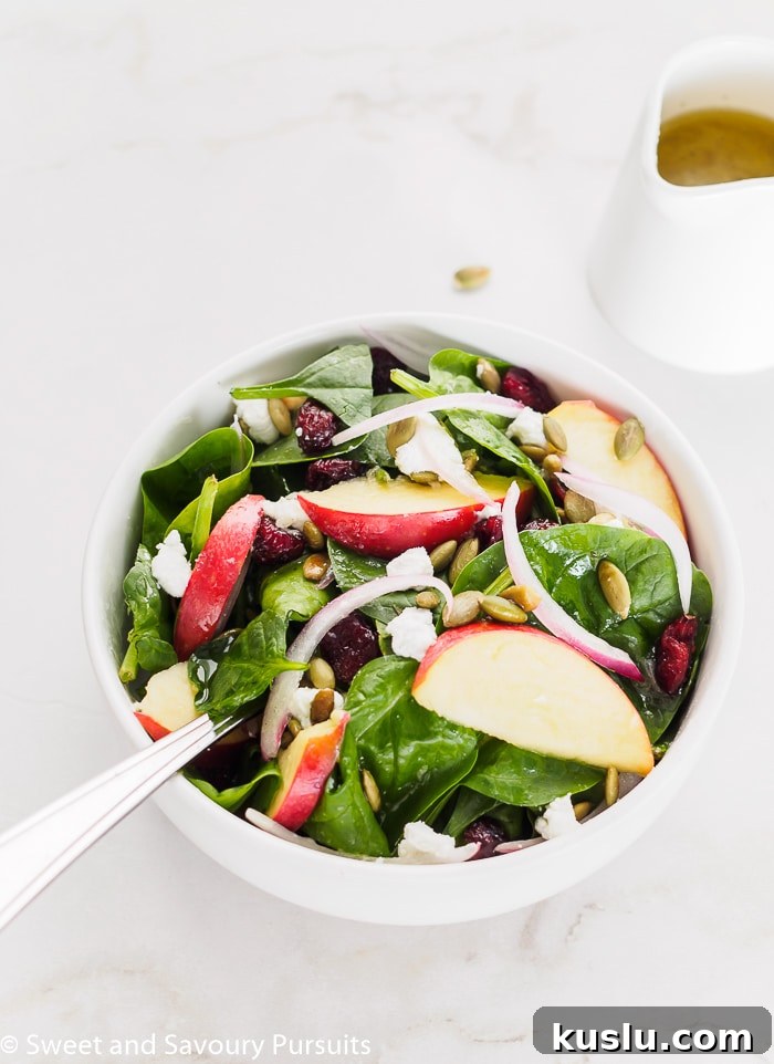 Spinach Salad with Apples and Cranberries: Sweet & Tangy Recipe 4 Small bowl of spinach salad with apple, dried cranberries and pumpkin seeds.