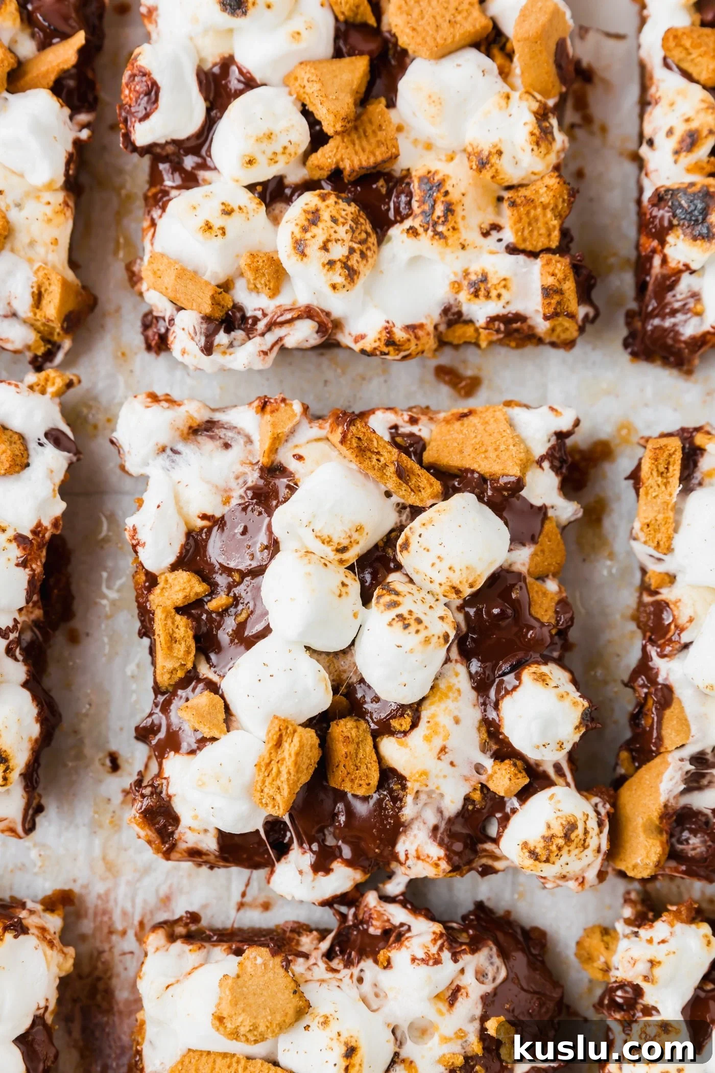 Gluten-Free S’mores Bars Recipe — Chewy Graham & Chocolate Squares 2 An overhead view of sliced gluten-free smores bars topped with graham crackers and marshmallows on a piece of parchment paper.