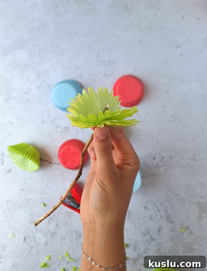 DIY Cupcake Liner Flowers: Simple Craft Ideas & Step-by-Step Guide 8 Flower attached to skewer