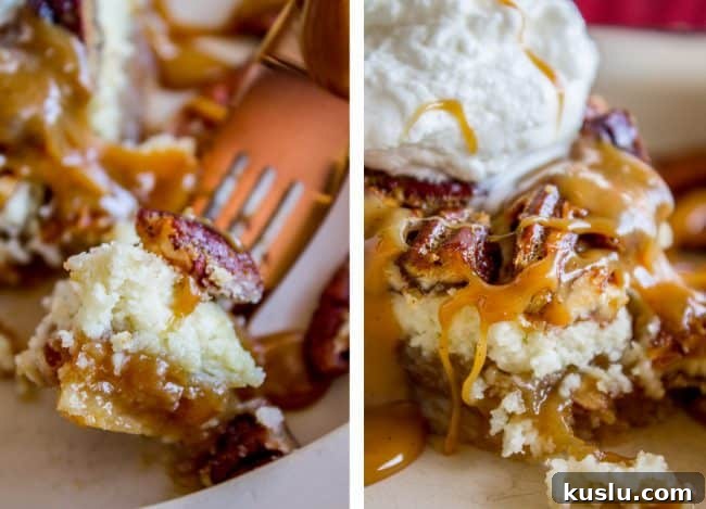 Pecan Pie Cheesecake Recipe – Creamy Layered Pecan Dessert 5 A fork cutting a bite of cheesecake pecan pie with whipped cream and caramel sauce.