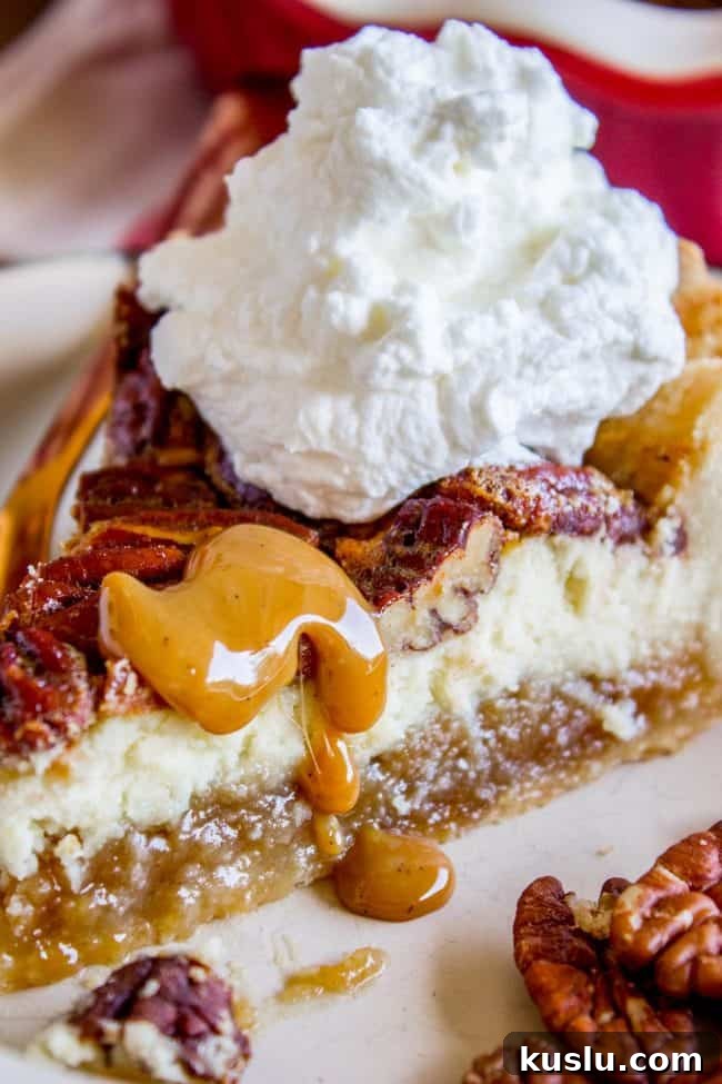 Pecan Pie Cheesecake Recipe – Creamy Layered Pecan Dessert 6 pecan pie cheesecake with homemade caramel sauce and whipped cream.