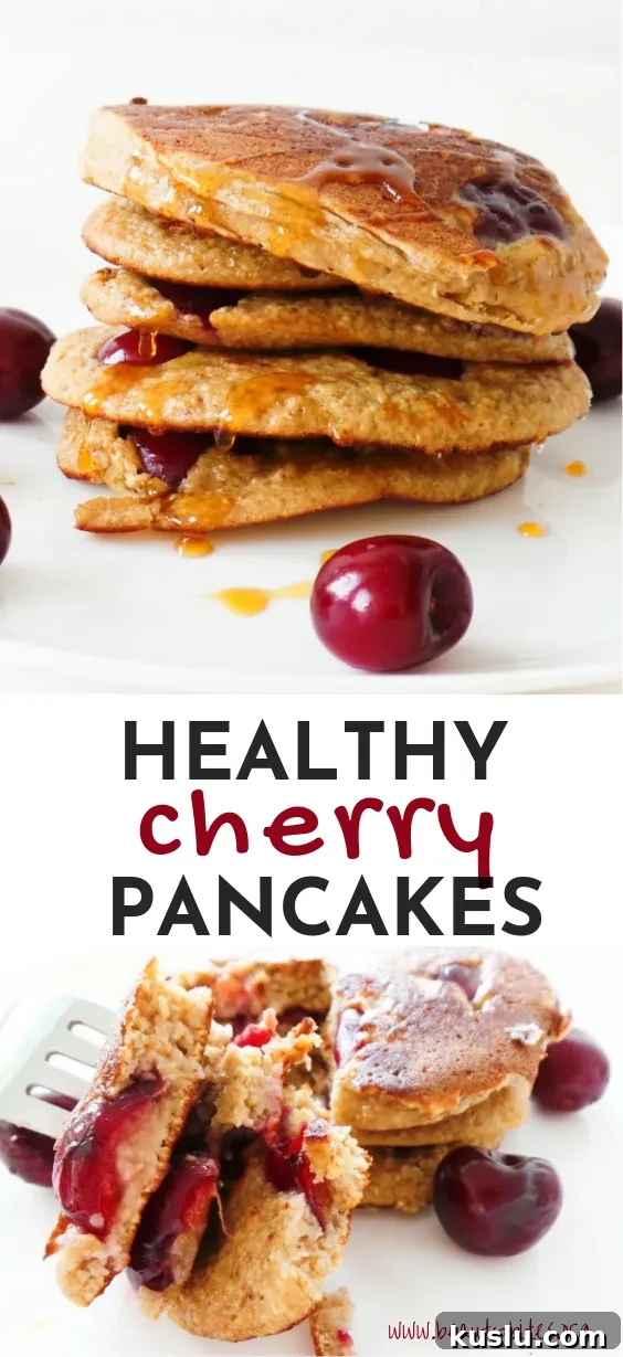 Healthy cherry pancakes! Made with oats, yogurt and honey these are an easy healthy breakfast that you can eat on the go! Ready in 10 minutes, also great for toddlers and kids!