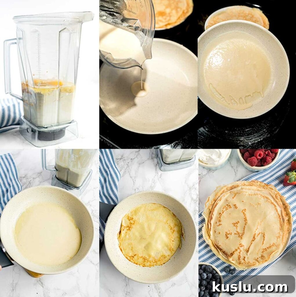 Step by step photos on how to make crepes at home
