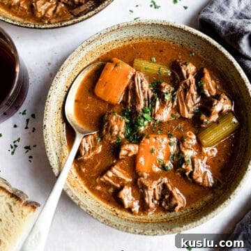Beef and ale stew in a bowl.