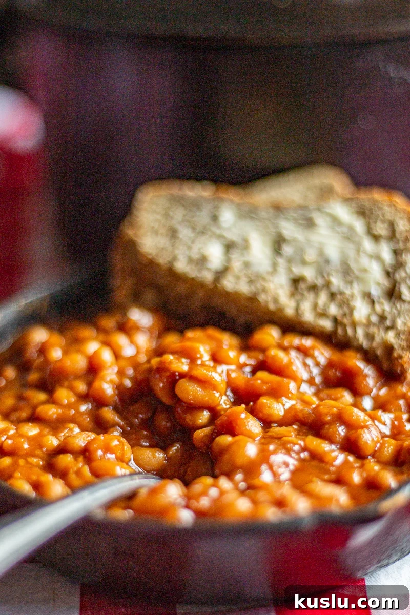 Scratch-Made Baked Beans Recipe for Rich, Slow-Cooked Flavor 6 Homemade baked beans in a small cast iron skillet.