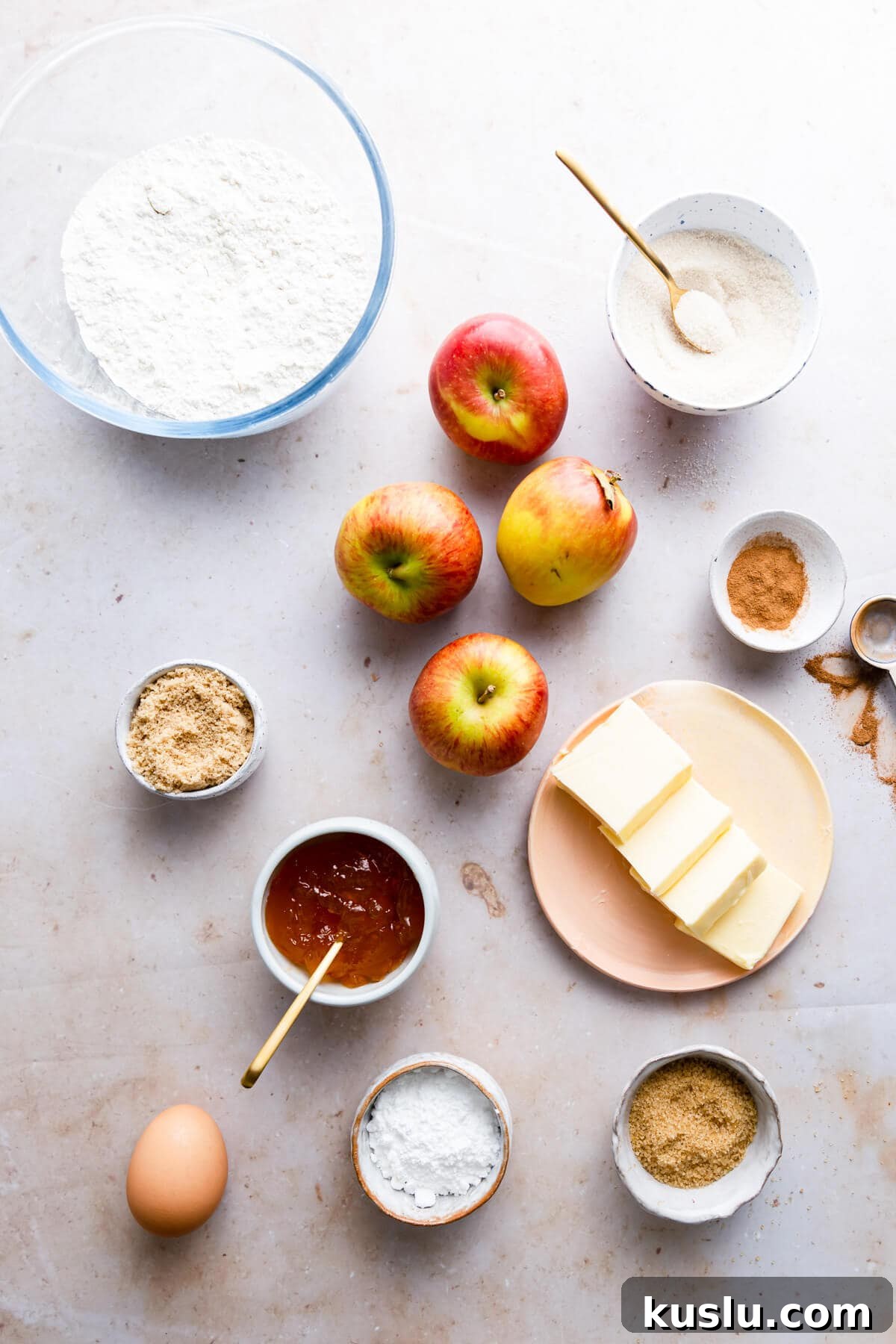 overhead view of the ingredients for an easy apple cake