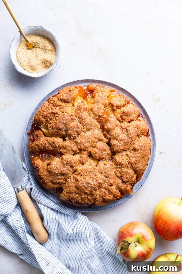 overhead shot of baked easy apple cake sprinkled with sugar on top