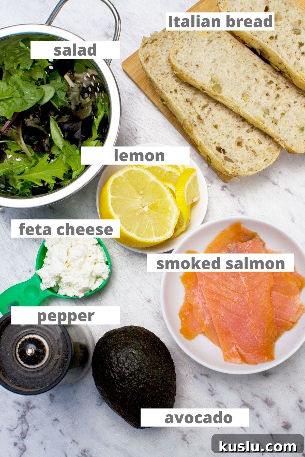 All the ingredients you need to make a smoked salmon bruschetta with avocado and feta