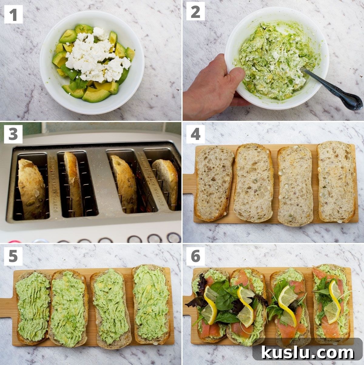 6 photos showing how to make smoked salmon bruschetta with smashed avocado and feta