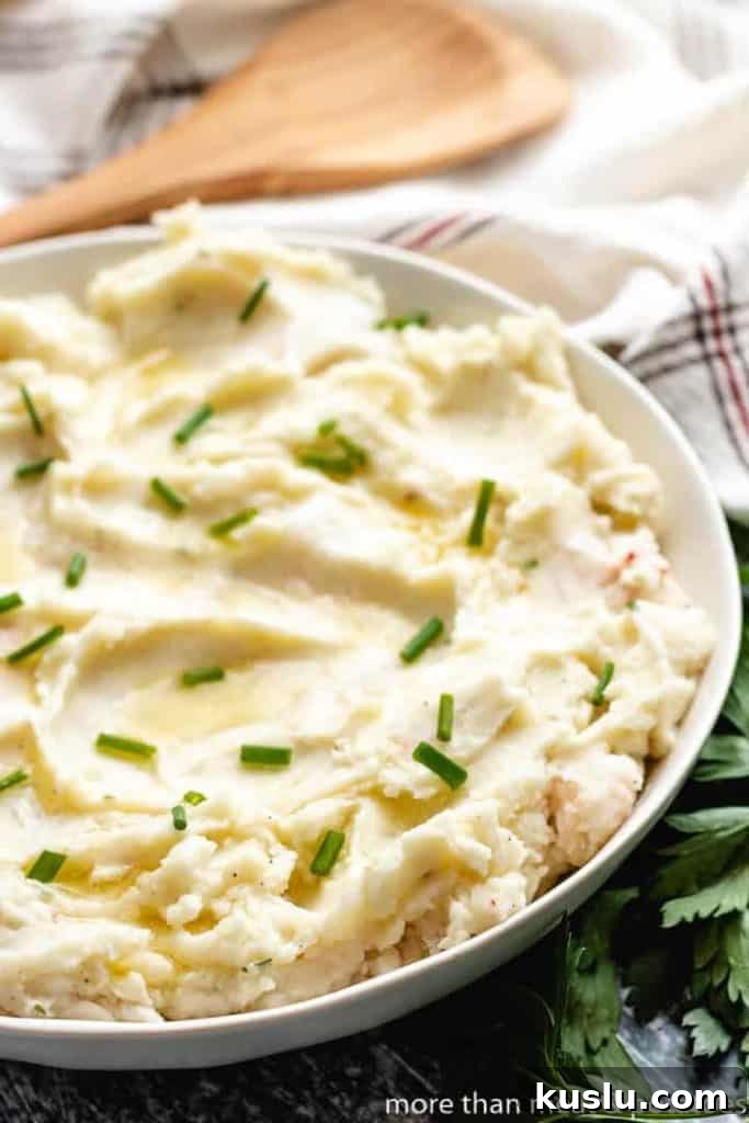 Creamy Lobster Mashed Potatoes Recipe for Dinner Guests 2 The finished potatoes served in a large bowl.