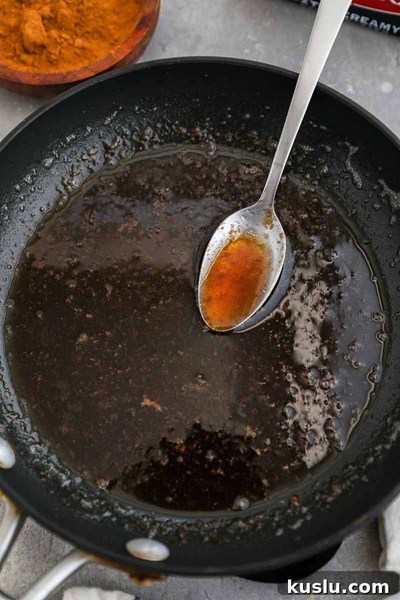 Maple Brown Butter Roasted Butternut Squash Recipe 4 A small skillet filled with freshly made maple brown butter sauce