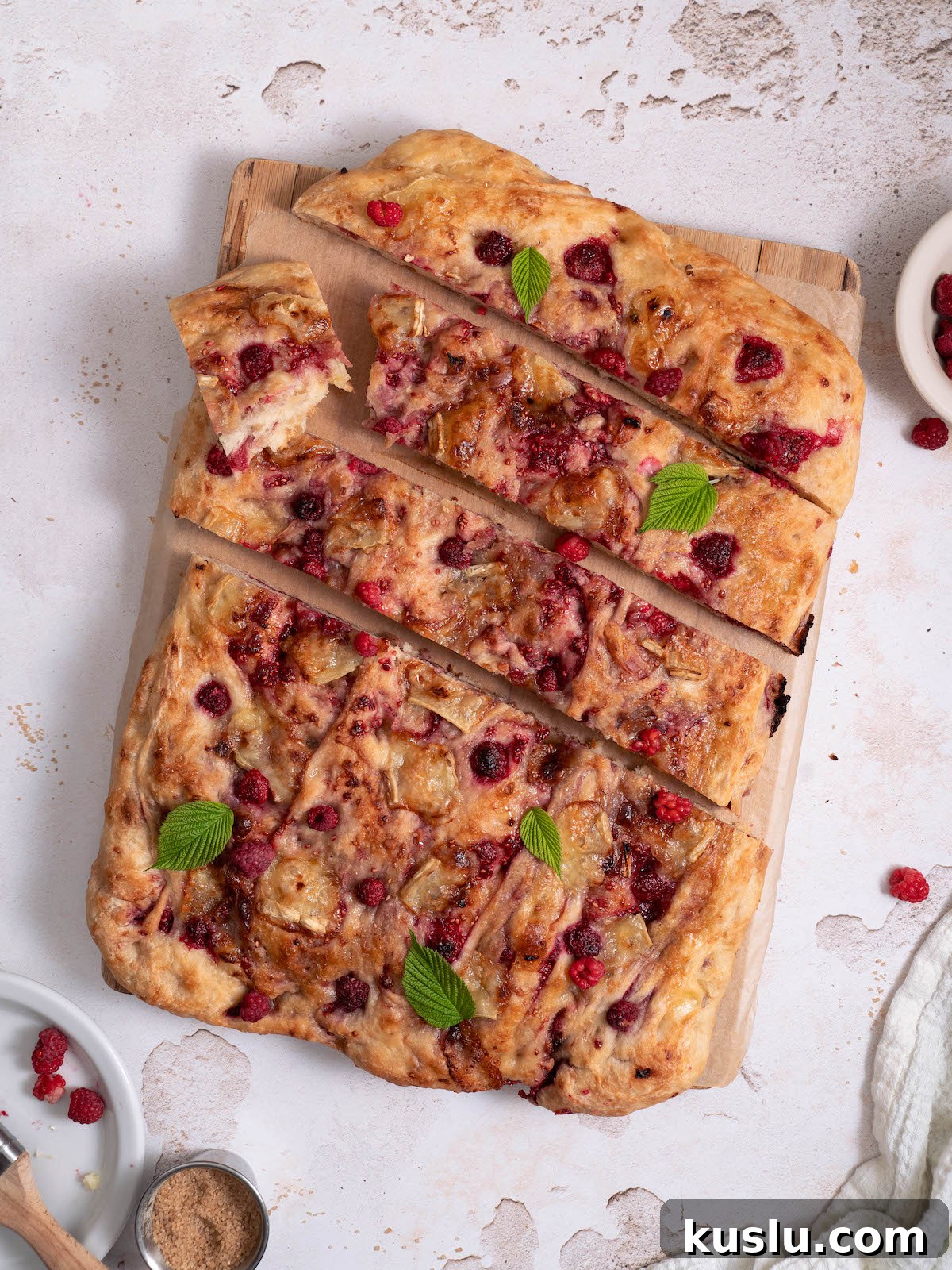 Freshly baked raspberry brie focaccia bread