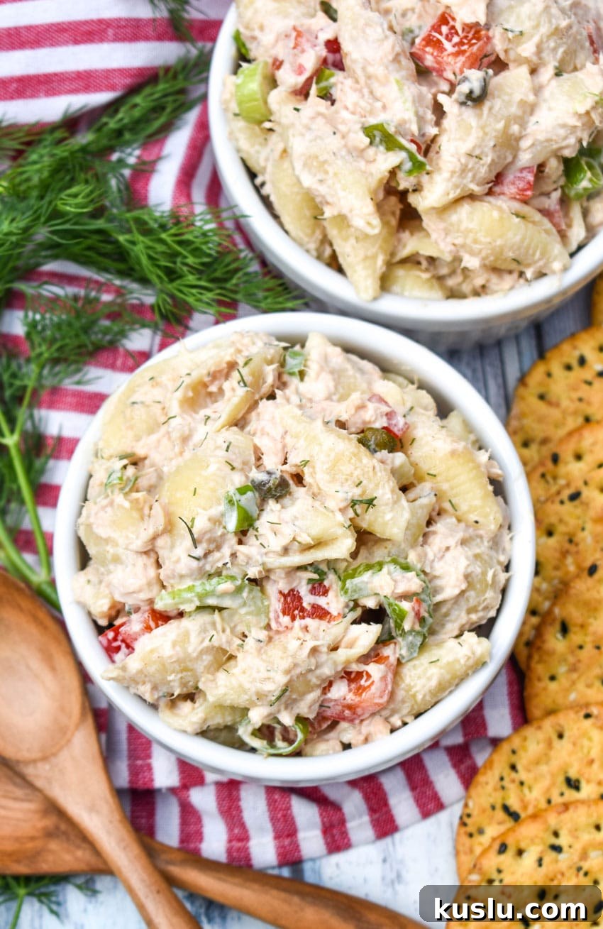 canned salmon pasta salad in two small white ramekins