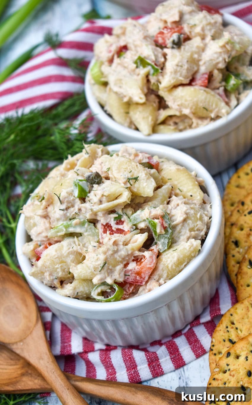 canned salmon pasta salad in two small white ramekins