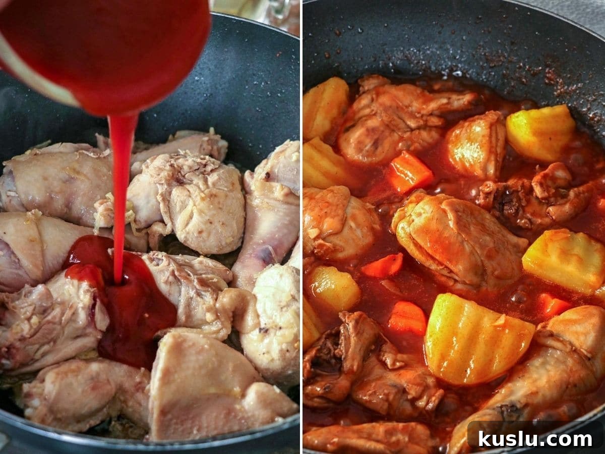 cooking chicken afritada with pineapples, carrots, and potatoes in a pan
