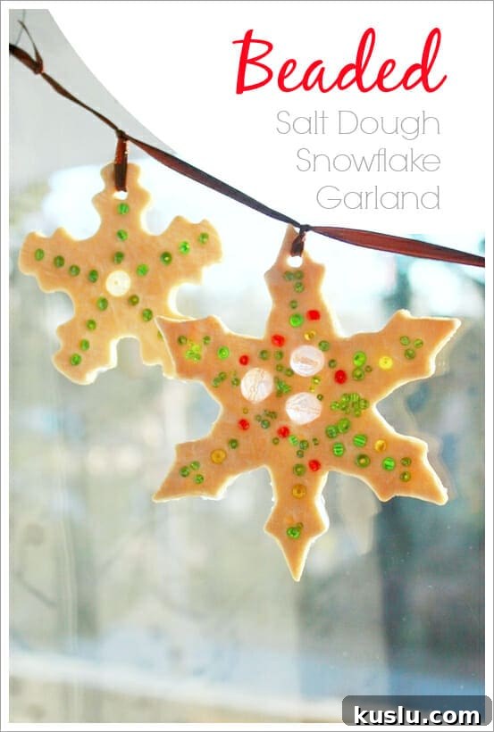 25 Christmas Salt Dough Ornament Ideas for Festive Decorating 12 Beaded Snowflake Salt Dough Suncatcher Garland - Over 30 of the BEST Christmas Salt Dough Ornaments